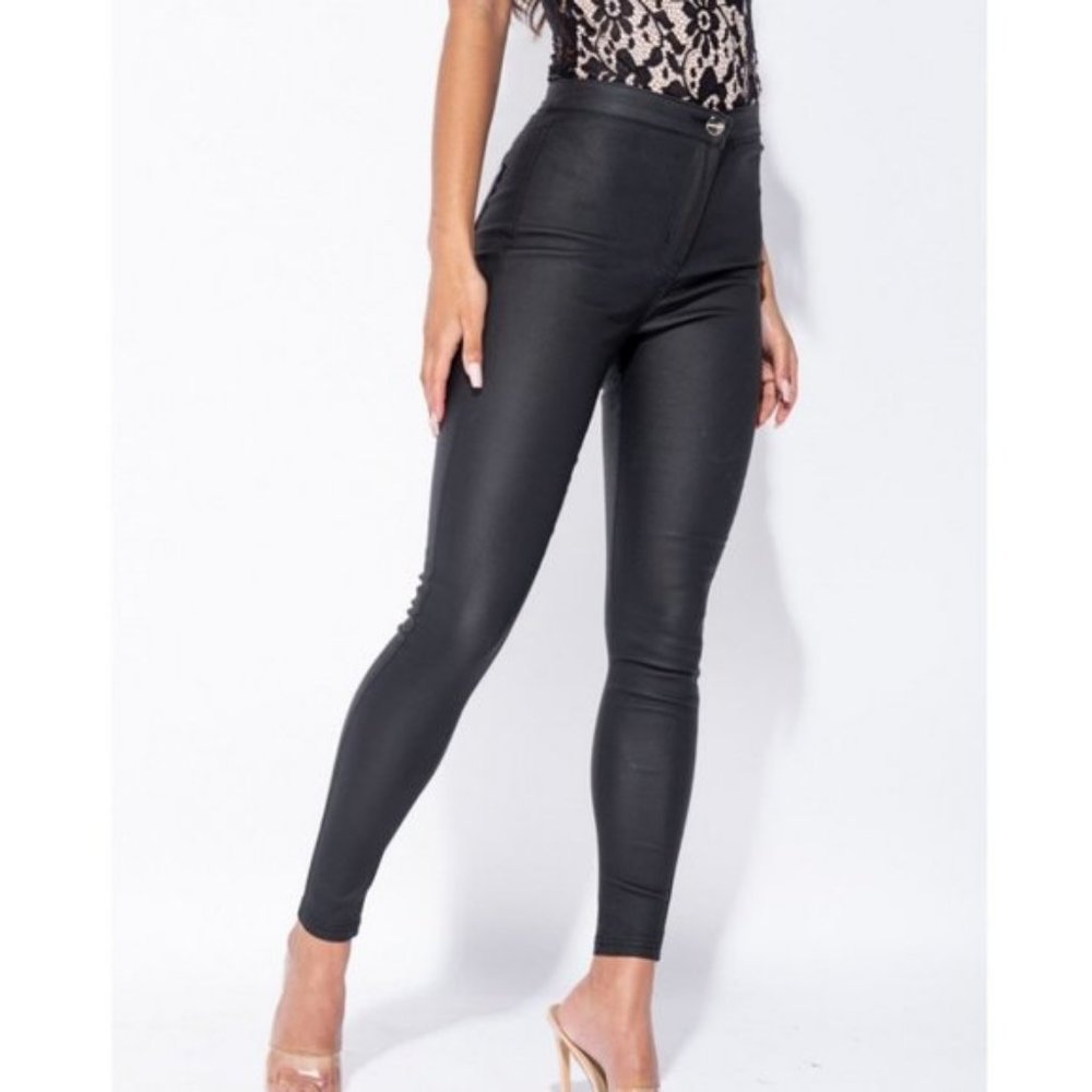 Black Vegan Leather Coated High Waist Skinny Pants - Picture 6 of 9